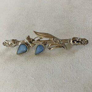 Blue Gemstone Pin Brooch Floral Leaf Crystal Clear Rhinestone Silver Tone Metal